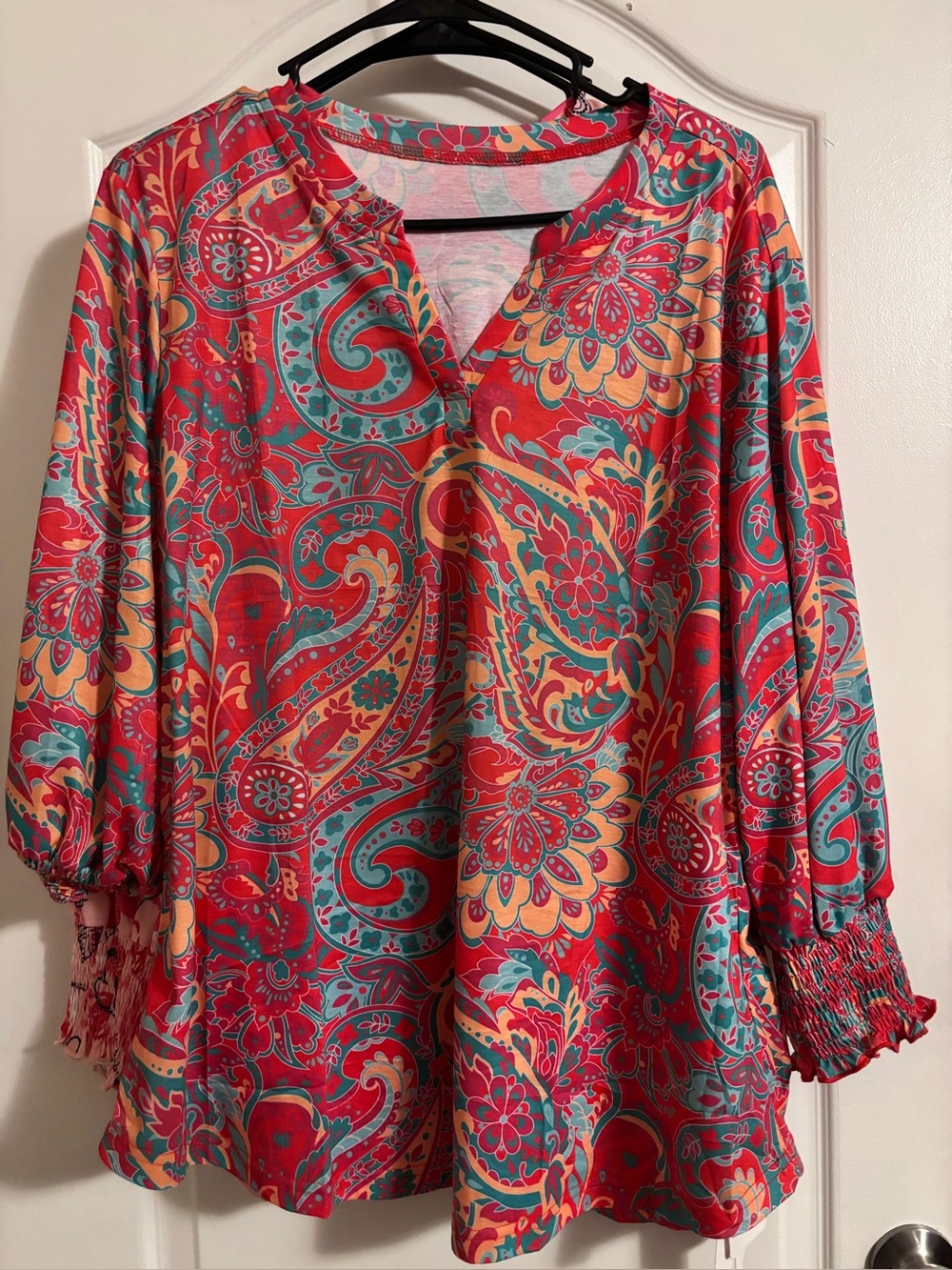 Red Paisley Floral Tunic Top with Smocked Cuffs - Women